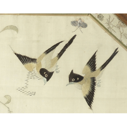 508 - Chinese silk tapestry depicting birds of paradise amongst trees, framed, 128cm x 47cm