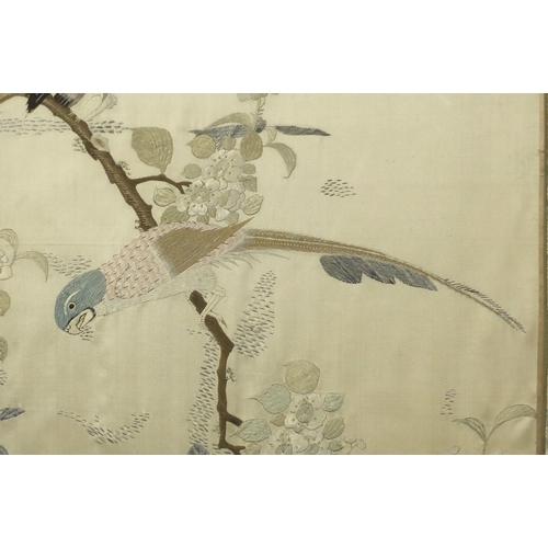 508 - Chinese silk tapestry depicting birds of paradise amongst trees, framed, 128cm x 47cm