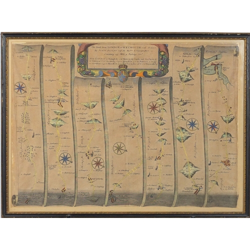 212 - Two 17th century hand coloured road maps by John Ogliby comprising The Road from London to Weymouth ... 