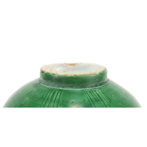 415 - Chinese porcelain green glazed disc top vase, incised under glaze with a dragon and phoenix chasing ... 