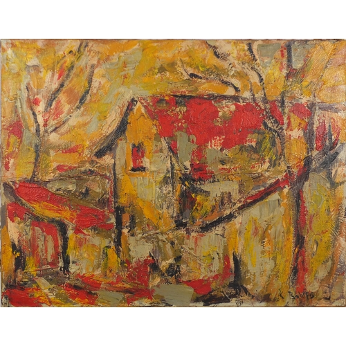 1238 - Abstract composition, house study, oil on canvas, bearing an indistinct signature possibly C Rohlfs,... 