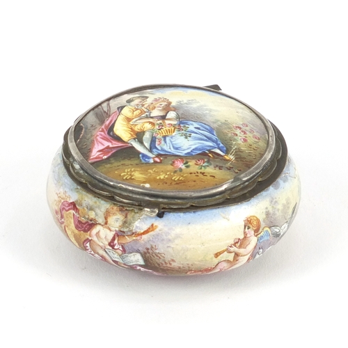 57 - Antique continental enamel box, the hinged lid hand painted with lovers and putti, 5.5cm in diameter