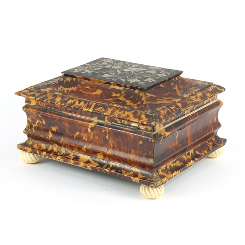 62 - 19th century tortoiseshell and ivory sewing box, the hinged lid with mother of pearl floral inlay, r... 