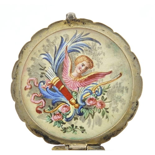 57 - Antique continental enamel box, the hinged lid hand painted with lovers and putti, 5.5cm in diameter