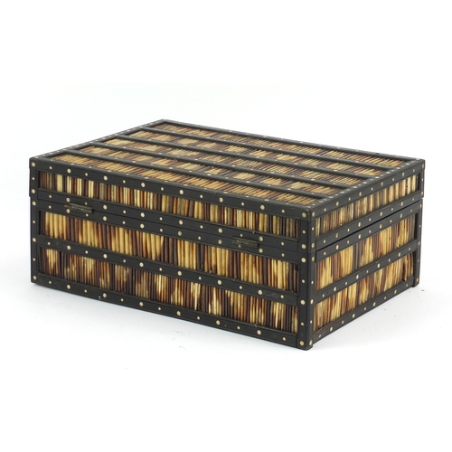 64 - Anglo Indian ebony and porcupine quill workbox with fitted lift out interior, 12cm H x 28.5cm W x 20... 