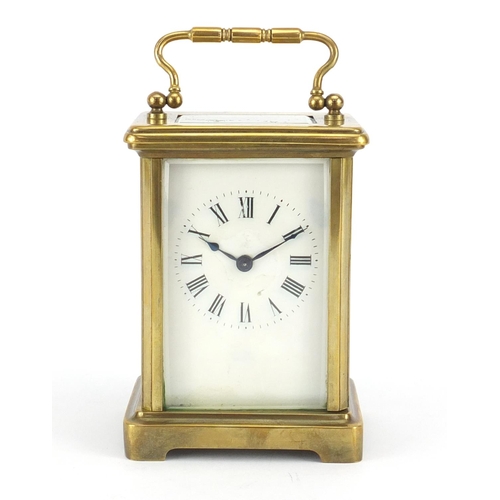 2354 - French brass cased carriage clock with enamelled dial and Roan numerals, 11cm high