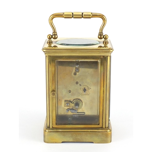 2254 - Large French brass cased carriage clock by R Stewart of Paris, the enamelled dial having Roman and A... 