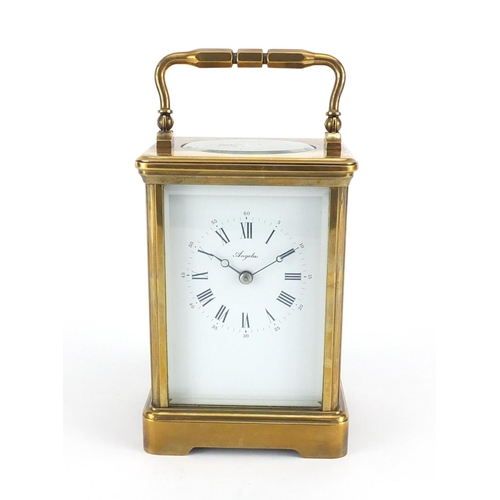 2211 - Large French brass cased carriage clock by Angelus, the enamelled dial with Roman and Arabic numeral... 