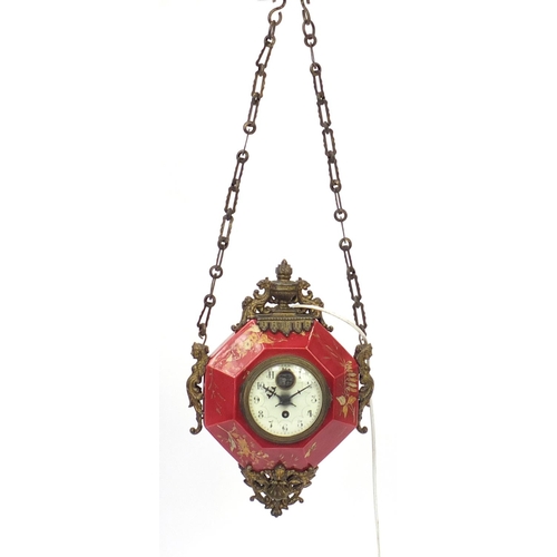 2132 - Aesthetic octagonal porcelain double sided hanging clock with gilt metal mounts and enamelled dials,... 