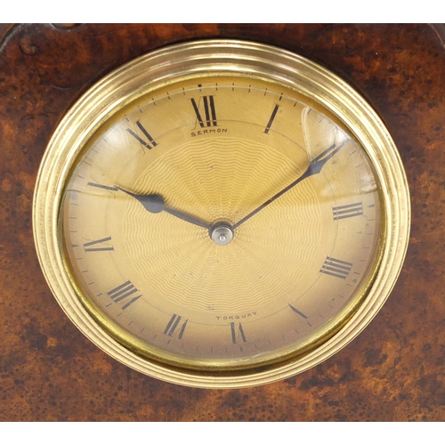 2380 - Burr walnut mantel clock, the dial with Roman numerals and inscribed Sermon of Torquay, 20cm high