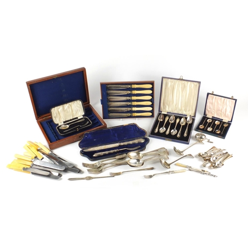 132 - Silver plated and stainless steel cutlery, some with ivorine handles and cased sets