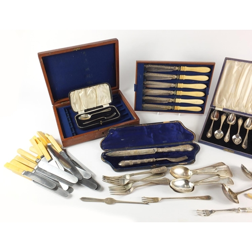 132 - Silver plated and stainless steel cutlery, some with ivorine handles and cased sets