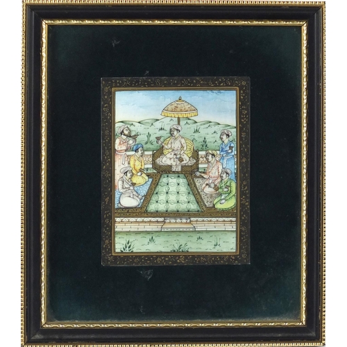 115 - Indian Mughal school panel depicting figures drinking wine, mounted and framed, 10.5cm x 8cm