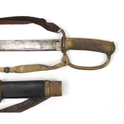 302 - Early 19th century Russian Military sword with scabbard and wooden grip, the steel blade and hilt wi... 