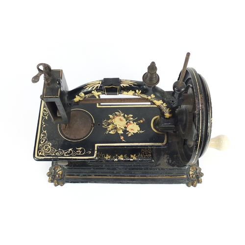 140 - Rare 19th century cast iron Todd's Champion hand operated sewing machine with paw feet, gilded with ... 
