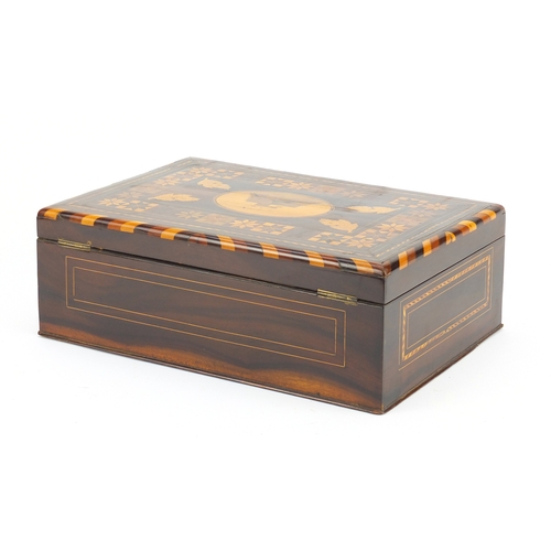 63 - 19th century rosewood wood box, the hinged lid marquetry inlaid with a view of The French Naval Sign... 