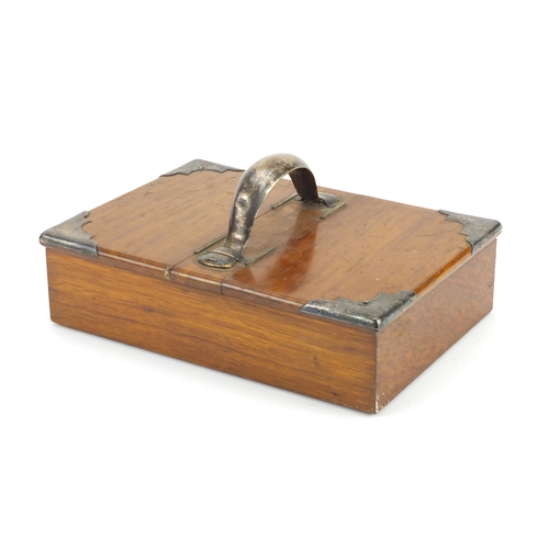 66 - Edwardian oak cigar box with silver mounts and handle by Mappin & Webb, indistinct London hallmarks,... 