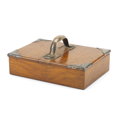 66 - Edwardian oak cigar box with silver mounts and handle by Mappin & Webb, indistinct London hallmarks,... 
