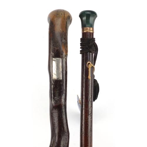 83 - Two walking sticks comprising one with green hardstone pommel and a 19th century Irish example with ... 