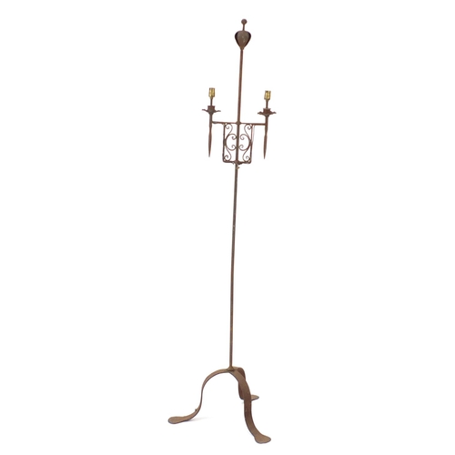 37 - Antique wrought iron adjustable floor standing candlestick, 173cm high