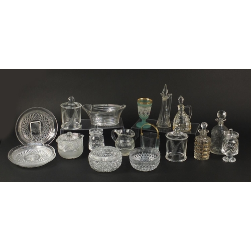 160 - Cut crystal and glassware including a Georgian decanter, preserve jars and sweet meat dish