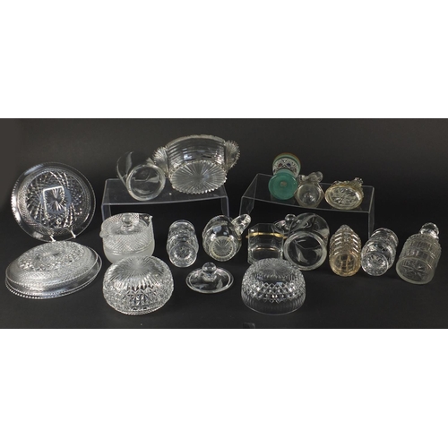 160 - Cut crystal and glassware including a Georgian decanter, preserve jars and sweet meat dish