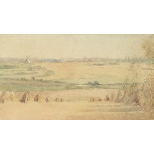 257 - Windmill in extensive landscape, 19th century watercolour, mounted and framed, 28.5cm 16cm
