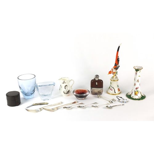 256 - Objects including Dresden porcelain candlestick, bone china, Coronation jug, signed glass vases, hip... 