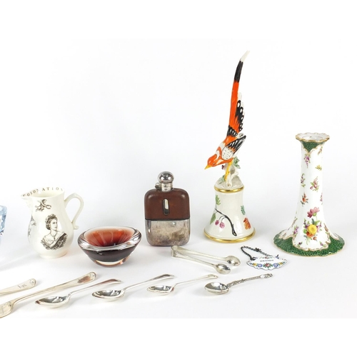 256 - Objects including Dresden porcelain candlestick, bone china, Coronation jug, signed glass vases, hip... 