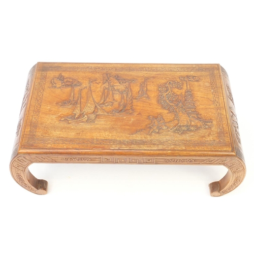 16 - Chinese hardwood coffee table, carved with figures and boats at sea, 36cm H x 89cm W x 45cm D