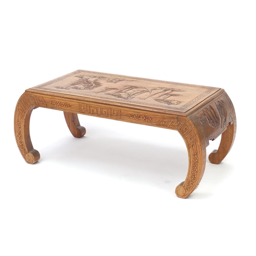 16 - Chinese hardwood coffee table, carved with figures and boats at sea, 36cm H x 89cm W x 45cm D