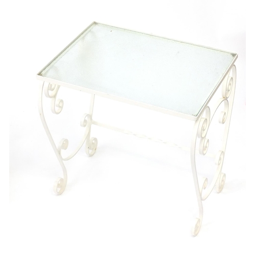 57 - Two nests of three and a nest of two wrought iron and glass coffee tables, the largest 52cm H x 51cm... 