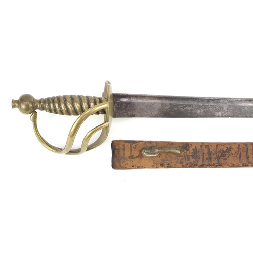 298 - 18th century British infantry sabre with scabbard by Samuel Harvey, the brass guard engraved Denbigh... 