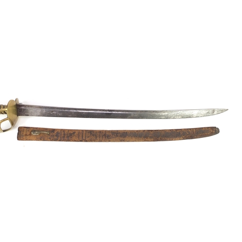 298 - 18th century British infantry sabre with scabbard by Samuel Harvey, the brass guard engraved Denbigh... 