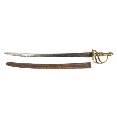 298 - 18th century British infantry sabre with scabbard by Samuel Harvey, the brass guard engraved Denbigh... 