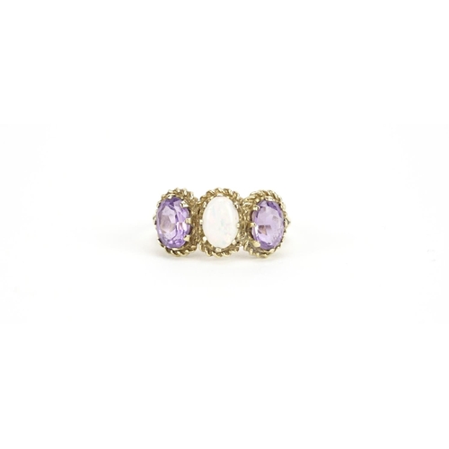 875 - 9ct gold opal and amethyst ring, London 1976, size M, 3.3g
