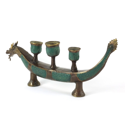 77 - Chinese bronzed metal three section dragon candlestick, 48cm long