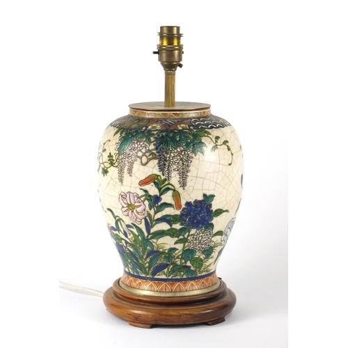 85 - Japanese vase table lamp, hand painted with flowers, with hardwood stand, overall 36cm high