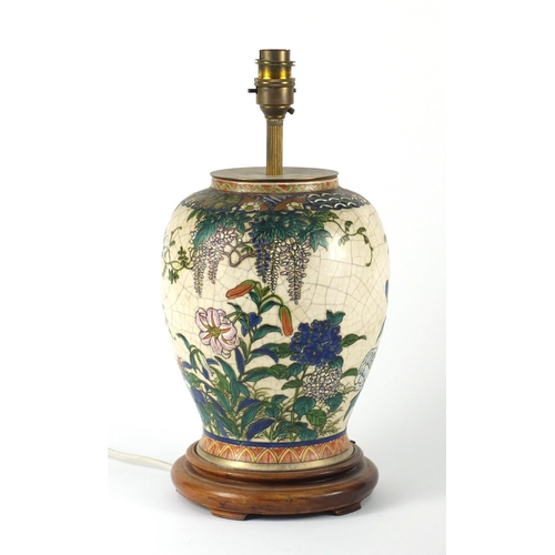 85 - Japanese vase table lamp, hand painted with flowers, with hardwood stand, overall 36cm high