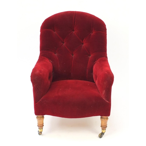 46 - Red upholstered button back bedroom chair, 89cm high