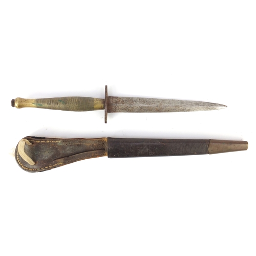 295 - British Military World War II fighting knife with leather sheath, probably Fairbairn & Sykes, 28.5cm... 