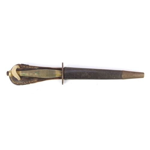 295 - British Military World War II fighting knife with leather sheath, probably Fairbairn & Sykes, 28.5cm... 