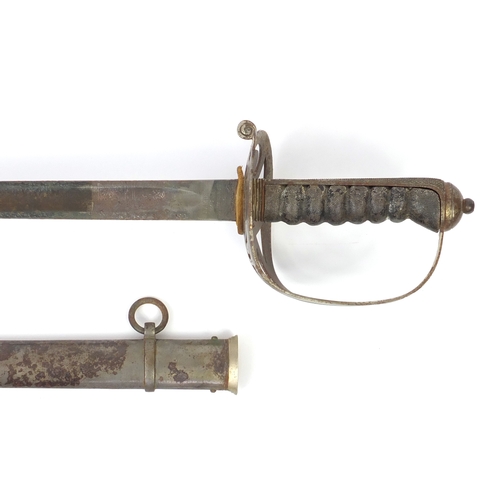 300 - Military interest Samuel Moses dress sword with scabbard and engraved steel blade, 102cm in length