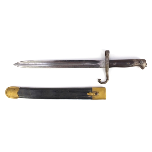 310 - Italian Military interest bayonet with leather scabbard, the steel blade impressed Topre Annunziat, ... 