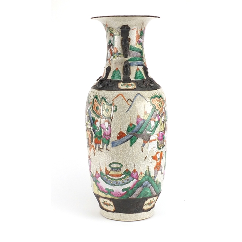 373 - Large Chinese crackle glazed vase with twin handles, finely hand painted in the famille verte palett... 