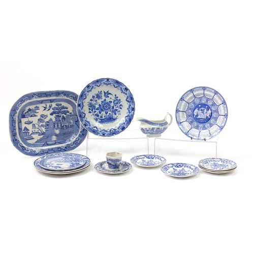 150 - Blue and white china including a Victorian ironstone meat plate and Spode calendar plates