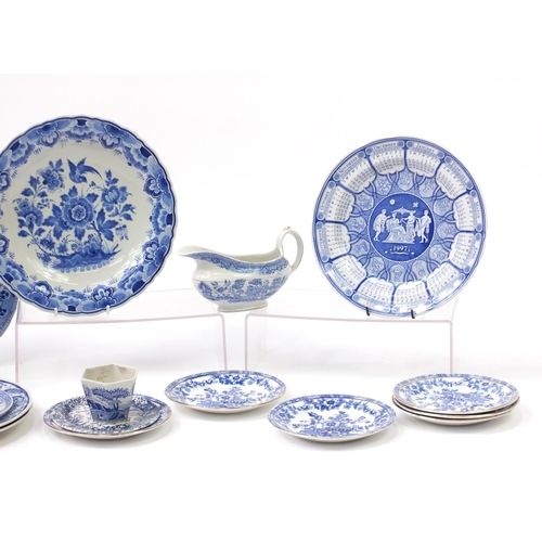 150 - Blue and white china including a Victorian ironstone meat plate and Spode calendar plates