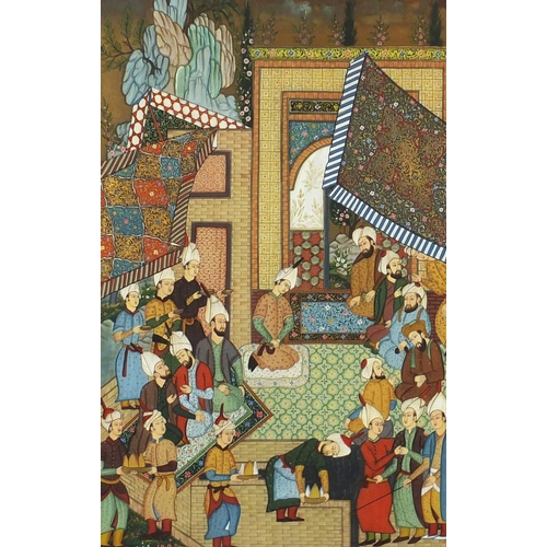 49 - Indian Mughal style picture depicting figures at a feast, mounted and framed, 59cm x 39cm