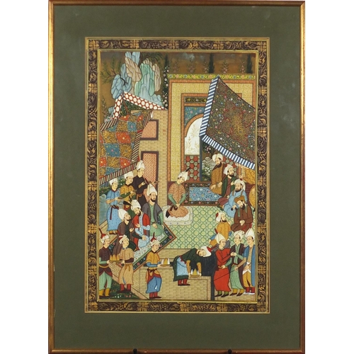 49 - Indian Mughal style picture depicting figures at a feast, mounted and framed, 59cm x 39cm