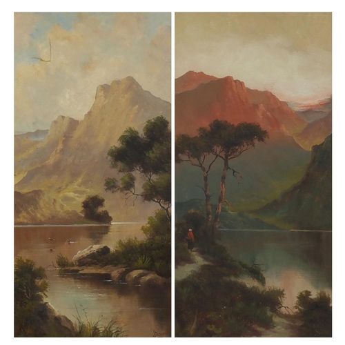 23 - J Ducker - Streams before mountains, pair of oil on canvases, framed, 60cm x 29cm